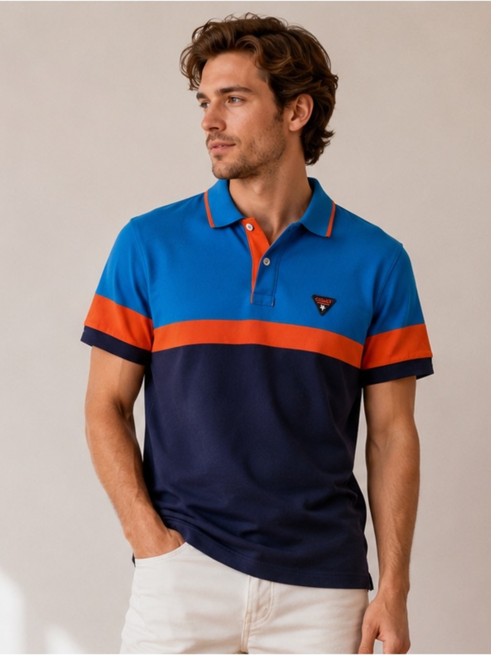 COACH colourblock Piqué Polo Shirt Slim Fit Blue Orange Navy Men’s Medium